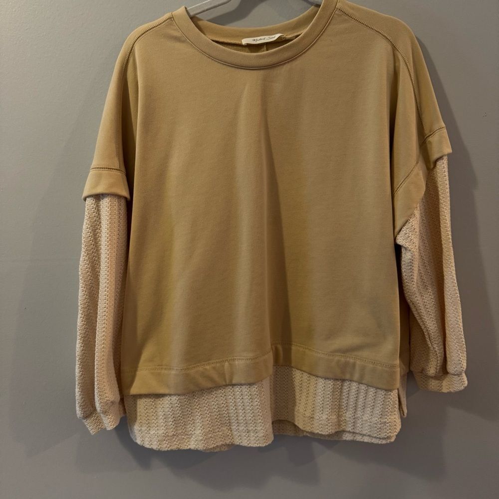 Mustard Seed Tan and Cream Layered Boho Sweatshirt Small